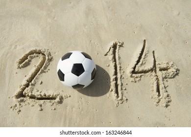 Brazil 2014 World Cup Message With Football Soccer Ball On Beach In Rio