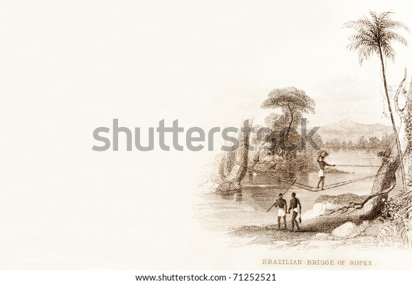 BRAZIL, AMAZON BASIN - CIRCA 1828 - A bridge of\
ropes used to cross a river.  This image is of an antique miniature\
drawing taken from the Illustrated Atlas of the World published\
circa 1828.