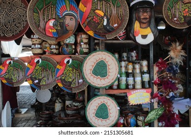 Belém, Pará, Brazil, April 2022. Many pieces, typical of Pará, Amazon indigenous handicrafts, for sale, bazaar, ver-o-peso market, colorful ceramics, Handcrafted clay pottery, souvenirs.
