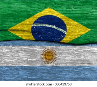 Brazil And Argentina Flag On Old Wood Texture Pattern Background