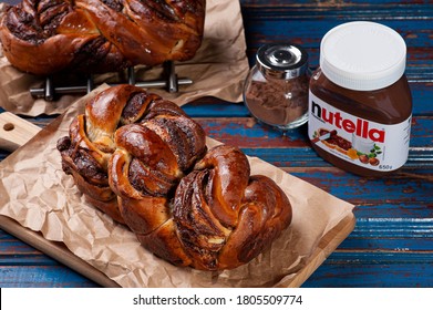 Brazil - August 2020.  Chocolate Babka Or Brioche Bread. Stuffed With Hazelnut Cream - Nutella.