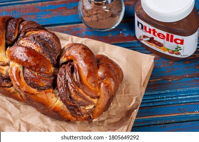 Brazil - August 2020.  Chocolate Babka Or Brioche Bread. Stuffed With Hazelnut Cream - Nutella.