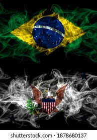 Brazil, Brazilian Vs United States Of America, America, US, USA, American, Vice President Smoky Mystic Flags Placed Side By Side. Thick Colored Silky Abstract Smoke Flags.