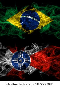 Brazil, Brazilian vs United States of America, America, US, USA, American, Wichita, Kansas smoky mystic flags placed side by side. Thick colored silky abstract smoke flags.