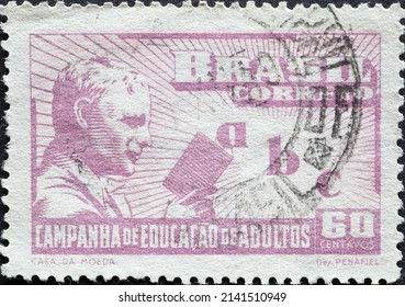 Brazil - Circa 1949: A Postage Stamp From Brazil, Showing A Man With A Book And The Letters A, B, C. Campaign For Adult Literacy 
