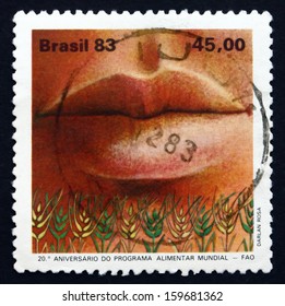 BRAZIL - CIRCA 1983: A Stamp Printed In The Brazil Shows Mouth And Grain, World Food Program, Circa 1983