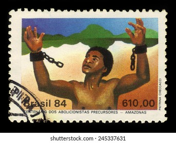 Brazil - CIRCA 1984: A Stamp Printed In Brazil Shows Slave Tearing The Chain, Abolition Of Slavery In Countries Of Amazon, Circa 1984