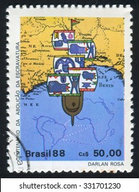 BRAZIL - CIRCA 1988: Stamp Printed By Brazil, Shows  Slave Ship And Maps Of African Coastline And Slave Trade Route Between Africa And South America, Circa 1988