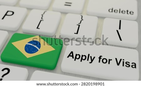 Brazil flag displayed on computer keyboard beside apply for visa key representing passport application immigration documentation international travel authorization online registration border approval destination entry and legal mobility services