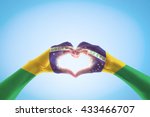 Brazil flag on people hands in heart shape for labor day national holiday celebration and pray for Brazilian isolated on blue sky background