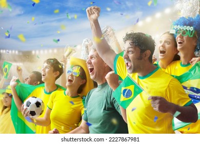 Brazil football supporter on stadium. Brazilian fans on soccer pitch watching team play. Group of supporters with flag and national jersey cheering for Brazil. Championship game. - Shutterstock ID 2227867981