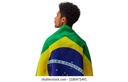 Brazil Independence Day. Black man holds Brazilian flag isolated. - Shutterstock ID 2180471491