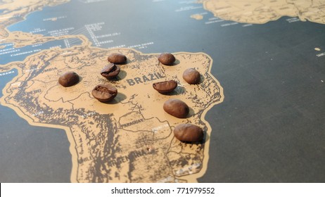 Brazil Map, On Top Of Coffee Beans.