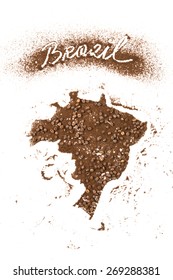 Brazil Map Paint On Ground Coffee With Coffee Beans