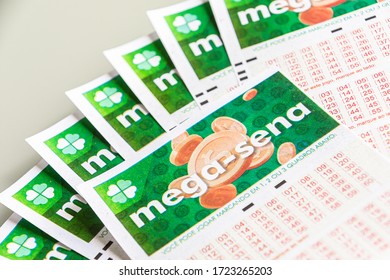 Brazil - May 2020: Various Tickets From Mega Sena National Lottery Of Brazil - Lottery Brand By Caixa Economica Brazilian Federal Bank