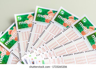 Brazil - May 2020: Various Tickets From Mega Sena National Lottery Of Brazil - Lottery Brand By Caixa Economica Brazilian Federal Bank