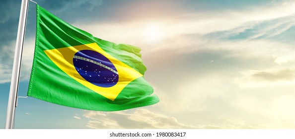 Brazil National Flag Waving In Beautiful Sunlight.