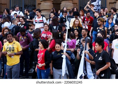 Brazil, São Paulo, September 24, 2022. Popular Demonstration In Front Of The Municipal Theater In The City Center. Popular Unity Group For Socialism.