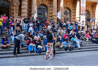 Brazil, São Paulo, September 24, 2022. Popular Demonstration In Front Of The Municipal Theater In The City Center. Popular Unity Group For Socialism.