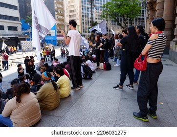 Brazil, São Paulo, September 24, 2022. Popular Demonstration In Front Of The Municipal Theater In The City Center. Popular Unity Group For Socialism.