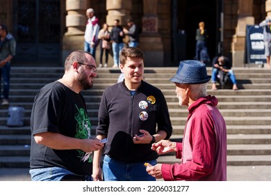 Brazil, São Paulo, September 24, 2022. Popular Demonstration In Front Of The Municipal Theater In The City Center. Popular Unity Group For Socialism.