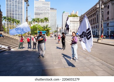 Brazil, São Paulo, September 24, 2022. Popular Demonstration In Front Of The Municipal Theater In The City Center. Popular Unity Group For Socialism.