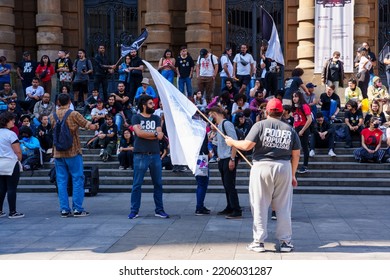 Brazil, São Paulo, September 24, 2022. Popular Demonstration In Front Of The Municipal Theater In The City Center. Popular Unity Group For Socialism.