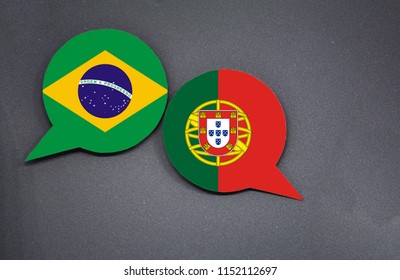 Brazil and Portugal flags with two speech bubbles on dark gray background