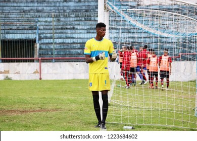 Brazil, Rio De Janeiro - October, 2018 - Olaria X Flamengo OPG, Marcão Goalkeeper Of The Junior Category Of The Olaria Receiving Instructions From His Coaches Who Were Behind The Goal Defended 