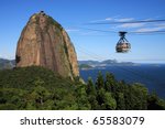 Brazil, Rio de Janeiro, Sugar Loaf Mountain - Pao de Acucar and cable car with the bay and Atlantic Ocean in the background. 