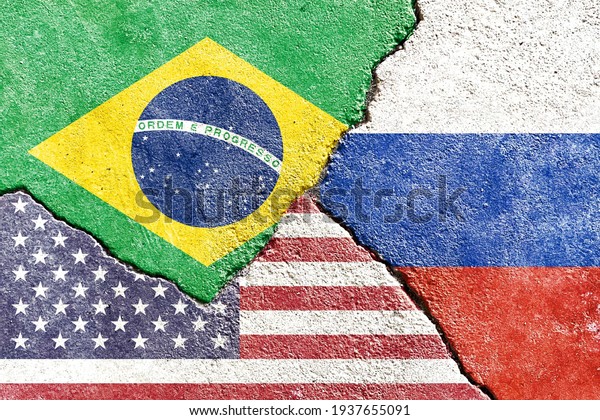 Brazil VS USA VS Russia national flags icon on\
broken weathered wall with cracks, abstract international country\
political economic relationship conflicts concept pattern texture\
background wallpaper
