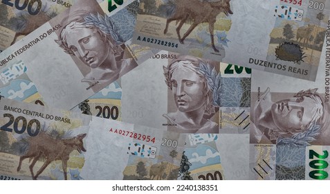 Brazilian banknote of two hundred Reais front and back in full frame. Guará wolf (Chrysocyon brachyurus) - Shutterstock ID 2240138351