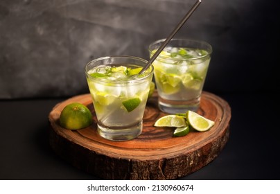 Brazilian Caipirinha. Traditional Brazil Drink In Dark Background