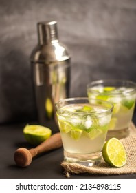 Brazilian Caipirinha. Traditional Brazil Drink In Dark Background