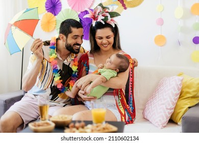 Brazilian Carnival. Family celebrating carnival at home - Shutterstock ID 2110602134