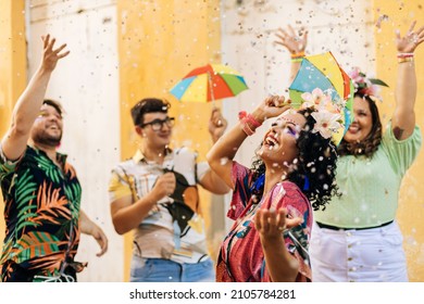 Brazilian Carnival. Group of friends celebrating carnival party - Shutterstock ID 2105784281