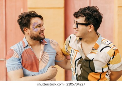 Brazilian Carnival. Happy Gay Couple Having Fun During The Carnival Block