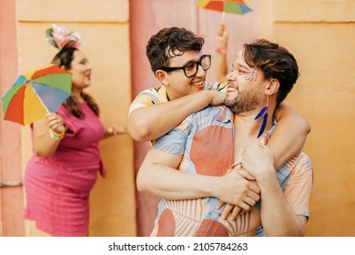 Brazilian Carnival. Happy Gay Couple Having Fun During The Carnival Block