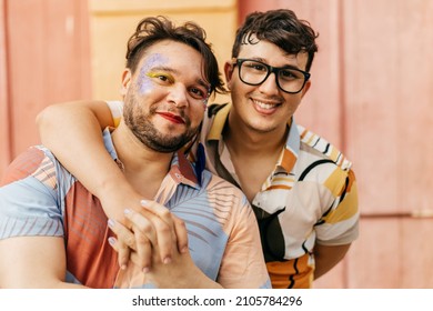 Brazilian Carnival. Happy Gay Couple Having Fun During The Carnival Block