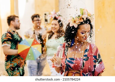 Brazilian Carnival. Woman Drinking Water During Carnival Block On The Street