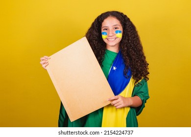 Brazilian Caucasian Girl Soccer Fan Holding Sign For Announcement, Text, Advertisement. World Cup. Olympics.