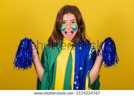 brazilian, caucasian, soccer fan, with pompom, cheerleader. World Cup. Olympics.