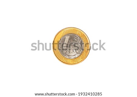 Brazilian coin of 1 real on white background.