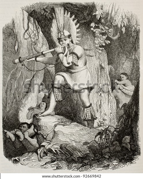 ブラジルのコロアド インディアンが戦いの合図をしている古い彫刻のポートレート その後 土地の取っ手によって絶滅した部族 デブレト作 パリ マガシン ピットレスク刊 1845年 の写真素材 今すぐ編集