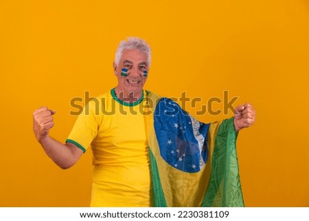 Brazilian elderly man, rooting for Brazil, in the 2022 world cup, supporter, brunette, celebrating, vibrating, happy goal screaming, beautiful.