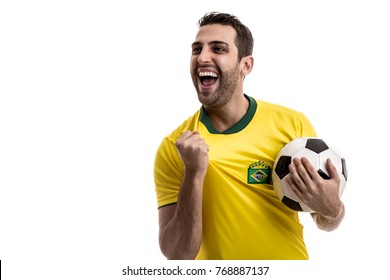 Brazilian fan celebrating on white background