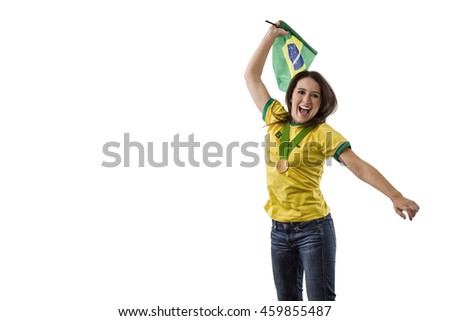 Brazilian Female Athlete Winning a golden medal on a white Background.