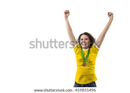 Brazilian Female Athlete Winning a golden medal on a white Background.
