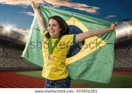 Brazilian Female Athlete Winning a golden medal on a Track and field stadium.