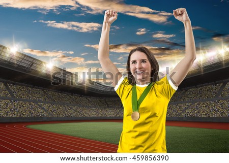 Brazilian Female Athlete Winning a golden medal on a Track and field stadium.
